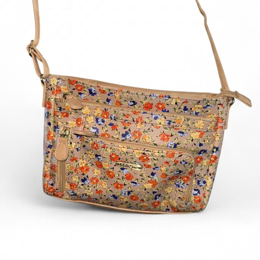 MULTI SAC BRAND CROSSBODY PURSE BEIGE W/FLOWERS LOTS OF POCKETS LIKE NEW